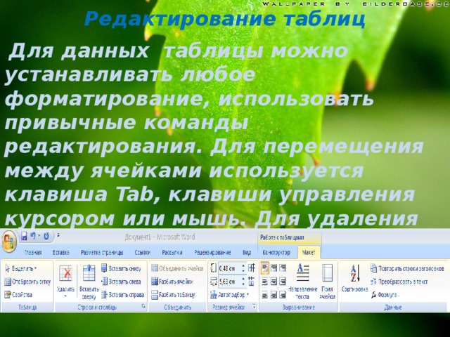 Редактирование таблиц  Для данных таблицы можно устанавливать любое форматирование, использовать привычные команды редактирования. Для перемещения между ячейками используется клавиша Tab , клавиши управления курсором или мышь. Для удаления текста внутри таблицы выделите таблицу и нажмите клавишу Delete .