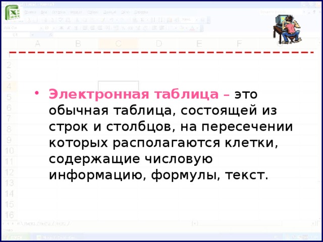 Электронная таблица – это обычная таблица, состоящей из строк и столбцов, на пересечении которых располагаются клетки, содержащие числовую информацию, формулы, текст.