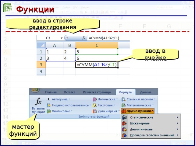 Функции ввод в строке редактирования ввод в ячейке мастер функций