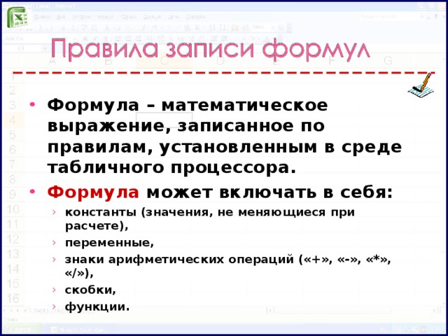 Формула – математическое выражение, записанное по правилам, установленным в среде табличного процессора. Формула  может включать в себя: константы (значения, не меняющиеся при расчете), переменные, знаки арифметических операций («+», «-», «*», «/»), скобки, функции. константы (значения, не меняющиеся при расчете), переменные, знаки арифметических операций («+», «-», «*», «/»), скобки, функции.