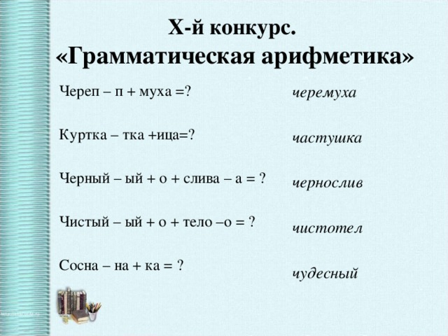 X -й конкурс.  «Грамматическая арифметика»   Череп – п + муха =? Куртка – тка +ица=? Черный – ый + о + слива – а = ? Чистый – ый + о + тело –о = ? черемуха  частушка  чернослив  чистотел  чудесный Сосна – на + ка = ?