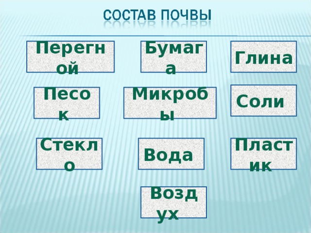 Бумага Перегной Глина Соли Песок Микробы Стекло Пластик Вода Воздух