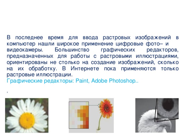 В последнее время для ввода растровых изображений в компьютер нашли широкое применение цифровые фото– и видеокамеры.  Большинство графических редакторов, предназначенных для работы с растровыми иллюстрациями, ориентированы не столько на создание изображений, сколько на их обработку. В Интернете пока применяются только растровые иллюстрации. Графические редакторы: Paint, Adobe Photoshop..    ,
