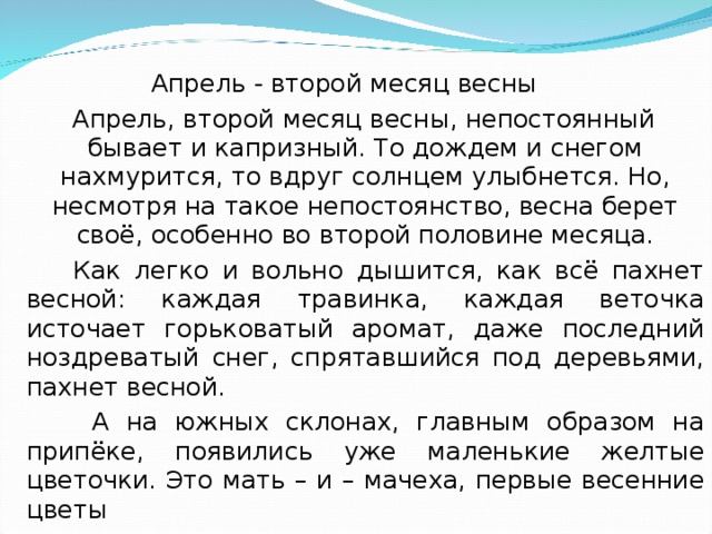 Апрель - второй месяц весны   Апрель, второй месяц весны, непостоянный бывает и капризный. То дождем и снегом нахмурится, то вдруг солнцем улыбнется. Но, несмотря на такое непостоянство, весна берет своё, особенно во второй половине месяца.  Как легко и вольно дышится, как всё пахнет весной: каждая травинка, каждая веточка источает горьковатый аромат, даже последний ноздреватый снег, спрятавшийся под деревьями, пахнет весной.  А на южных склонах, главным образом на припёке, появились уже маленькие желтые цветочки. Это мать – и – мачеха, первые весенние цветы