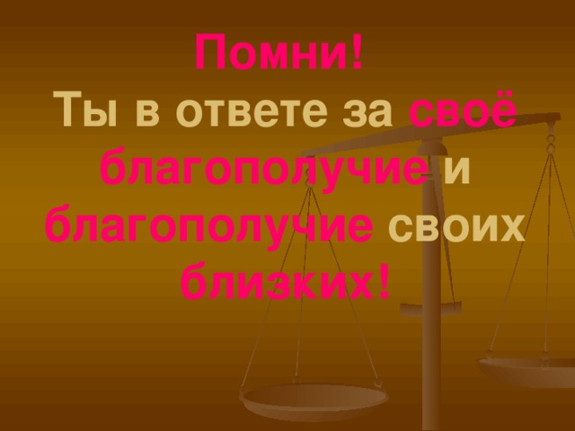 Помни!  Ты в ответе за своё  благополучие и благополучие своих близких!