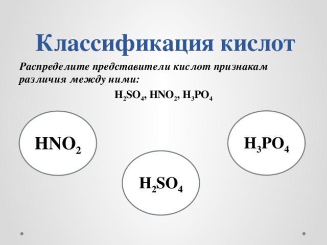 Классификация кислот Распределите представители кислот признакам различия между ними: H 2 SO 4 , HNO 2 , H 3 PO 4 H 3 PO 4 HNO 2 H 2 SO 4