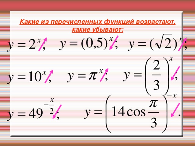 Какие из перечисленных функций возрастают, какие убывают: