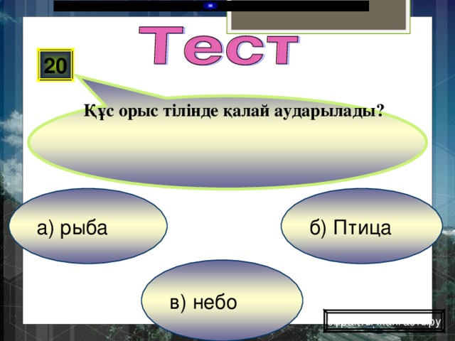 Құс орыс тілінде қалай аударылады? 20 б) Птица а) рыба в) небо сұрақты жалғастыру