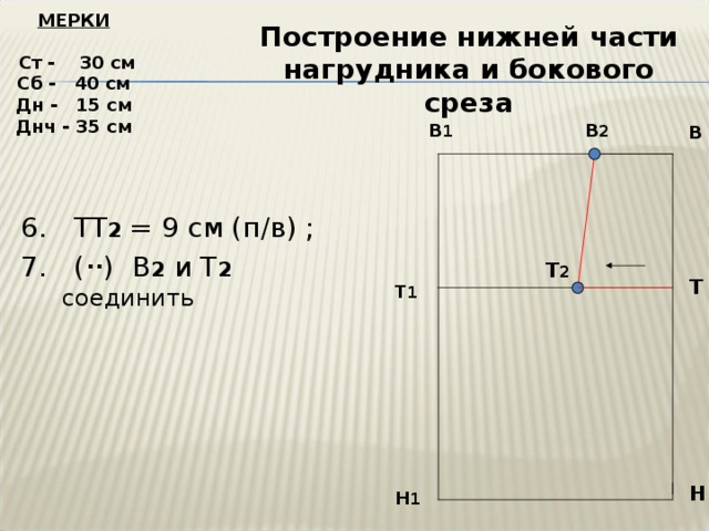 МЕРКИ   Ст - 30 см Сб - 40 см Дн - 15 см Днч - 35 см  Построение нижней части нагрудника и бокового среза В 1 В 2 В 6. ТТ 2 = 9 см (п/в) ; 7. (  ) В 2  и Т 2  соединить Т 2 Т Т 1 Н Н 1