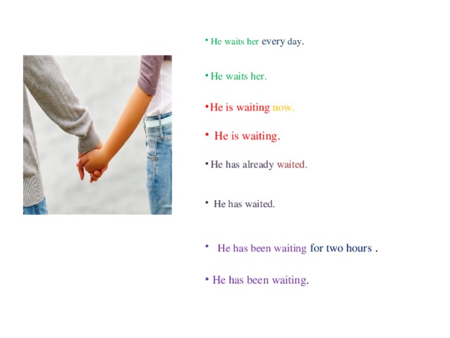 He waits her every day . He waits her. He is waiting now. He is waiting. He has already waited. He has waited. He has been waiting  for two hours . He has been waiting .