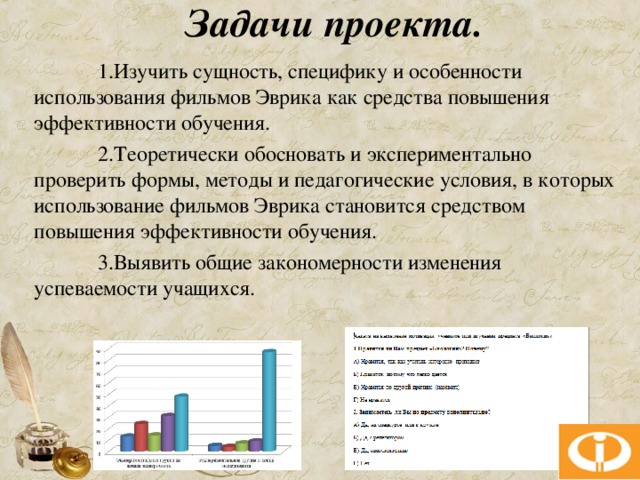 Задачи проекта.  1.Изучить сущность, специфику и особенности использования фильмов Эврика как средства повышения эффективности обучения.  2.Теоретически обосновать и экспериментально проверить формы, методы и педагогические условия, в которых использование фильмов Эврика становится средством повышения эффективности обучения.  3.Выявить общие закономерности изменения успеваемости учащихся.