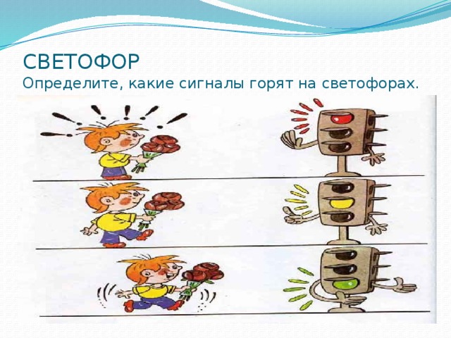 СВЕТОФОР  Определите, какие сигналы горят на светофорах.