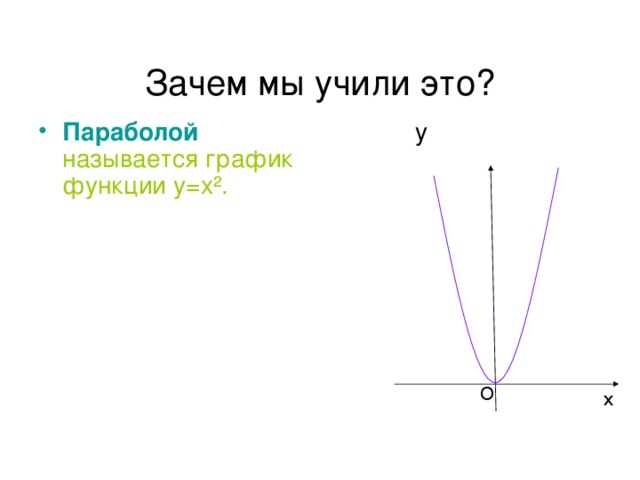 Зачем мы учили это ? Параболой называется график функции у=х² .  y O x