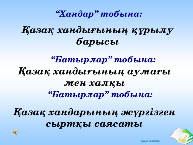 “ Хандар” тобына: Қазақ хандығының құрылу барысы “ Батырлар” тобына: Қазақ хандығының аумағы мен халқы “ Батырлар” тобына: Қазақ хандарының жүргізген сыртқы саясаты