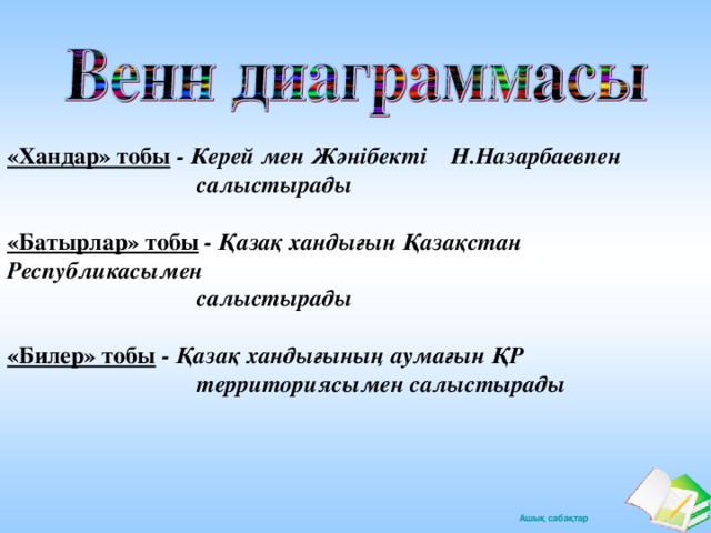 «Хандар» тобы - Керей мен Жәнібекті Н.Назарбаевпен  салыстырады  «Батырлар» тобы - Қазақ хандығын Қазақстан Республикасымен  салыстырады  «Билер» тобы - Қазақ хандығының аумағын ҚР  территориясымен салыстырады