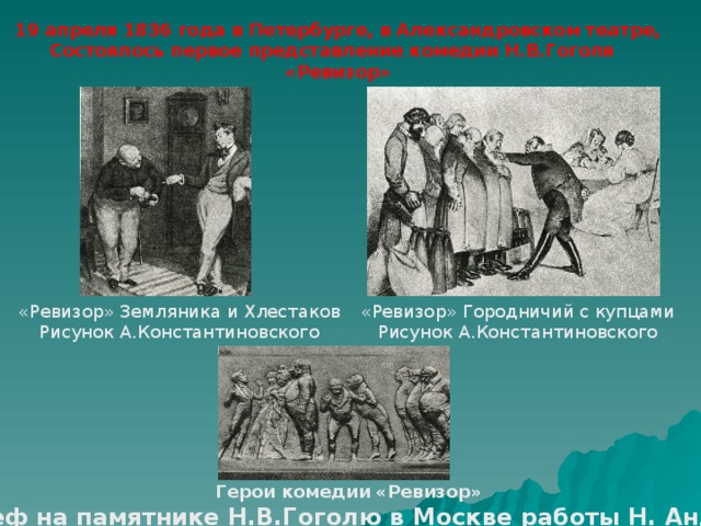 19 апреля 1836 года в Петербурге, в Александровском театре, Состоялось первое представление комедии Н.В.Гоголя «Ревизор» «Ревизор» Земляника и Хлестаков «Ревизор» Городничий с купцами Рисунок А.Константиновского Рисунок А.Константиновского Герои комедии «Ревизор» Барельеф на памятнике Н.В.Гоголю в Москве работы Н. Андреева