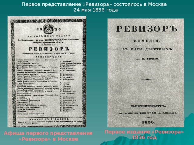 Первое представление «Ревизора» состоялось в Москве 24 мая 1836 года Первое издание «Ревизора» 1836 год Афиша первого представления «Ревизора» в Москве