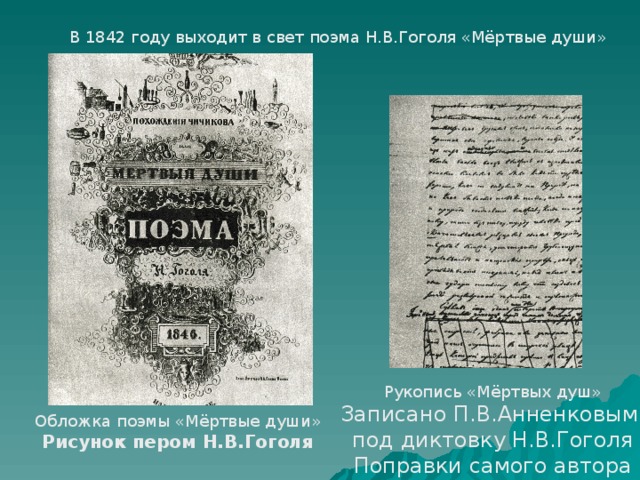 В 1842 году выходит в свет поэма Н.В.Гоголя «Мёртвые души» Рукопись «Мёртвых душ» Записано П.В.Анненковым под диктовку Н.В.Гоголя Поправки самого автора Обложка поэмы «Мёртвые души» Рисунок пером Н.В.Гоголя