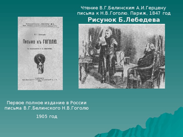 Чтение В.Г.Белинским А.И.Герцену письма к Н.В.Гоголю. Париж, 1847 год Рисунок Б.Лебедева Первое полное издание в России письма В.Г.Белинского Н.В.Гоголю 1905 год