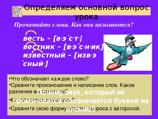 Определяем основной вопрос урока Прочитайте слова. Как они называются? ве с ть – [в , э ́с , т , ] вестник –  [в , э ́с , н , ик] известный – [изв , э ́сный , ] ве с ть – [в , э ́с , т , ] вестник –  [в , э ́с , н , ик] известный – [изв , э ́сный , ] Что обозначает каждое слово? Сравните произношение и написание слов. Какое различие вы заметили? Какой вопрос возникает? Сравните свою формулировку вопроса с авторской. Почему звук, который не произносится обозначается буквой на письме?