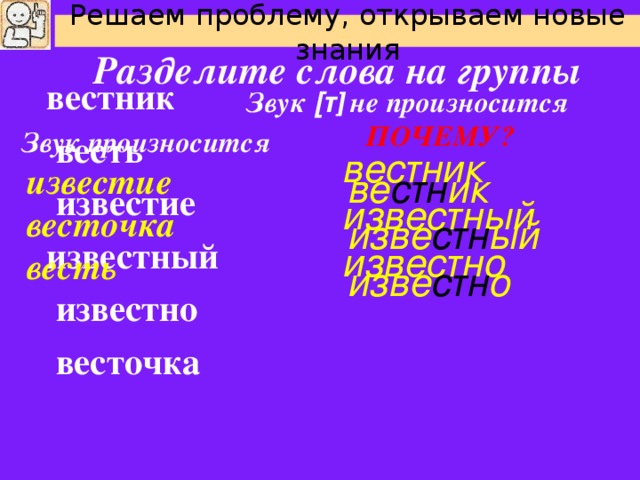 Решаем проблему, открываем новые знания Разделите слова на группы вестник  весть  известие известный  известно  весточка  Звук [т ] не произносится ПОЧЕМУ? Звук произносится вестник известный известно известие весточка весть ве стн ик изве стн ый изве стн о