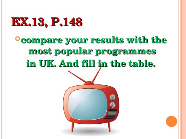 EX.13, P.148 compare your results with the most popular programmes in UK. And fill in the table.