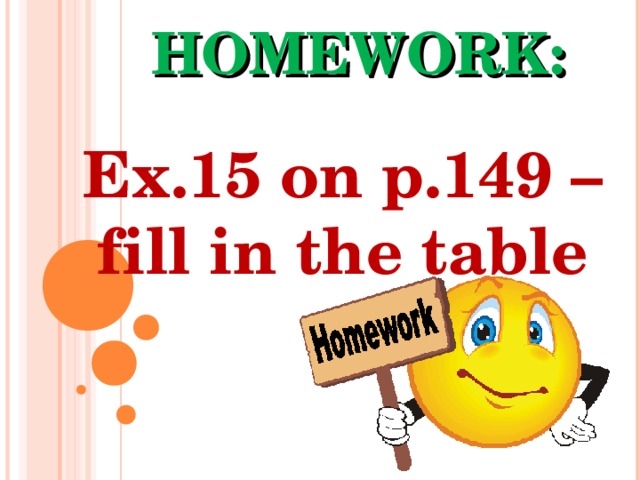 HOMEWORK: Ex.15 on p.149 – fill in the table