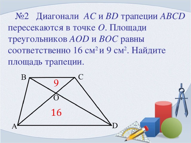 № 2 Диагонали AC и BD трапеции ABCD пересекаются в точке О . Площади треугольников AOD и BOC равны соответственно 16 см 2 и 9 см 2 . Найдите площадь трапеции.