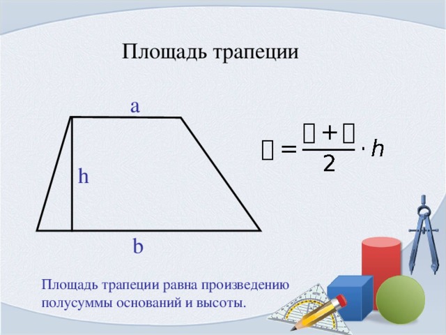 Площадь трапеции a h b Площадь трапеции равна произведению полусуммы оснований и высоты.