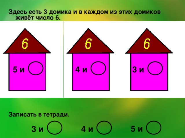 Здесь есть 3 домика и в каждом из этих домиков живёт число 6.             Записать в тетради.  5 и 4 и 3 и 5 и 4 и 3 и