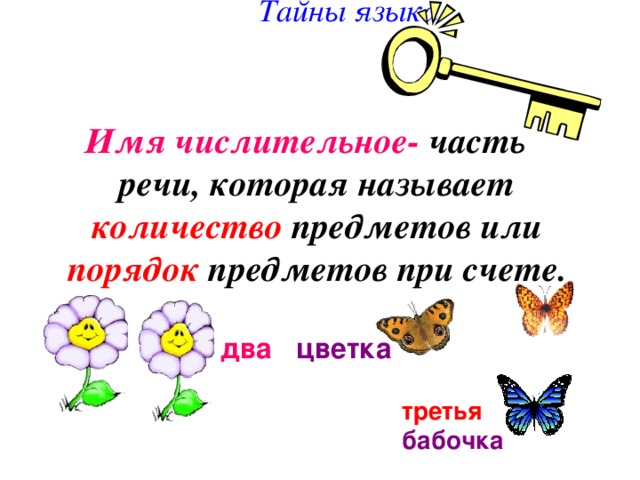 Тайны языка Имя числительное- часть речи, которая называет количество предметов или порядок предметов при счете. два цветка третья бабочка