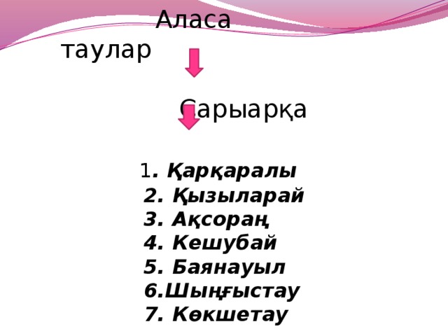 Аласа таулар  Сарыарқа  1 . Қарқаралы  2. Қызыларай  3. Ақсораң  4. Кешубай  5. Баянауыл  6.Шыңғыстау  7. Көкшетау