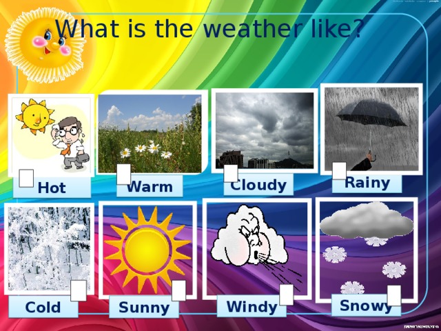 What is the weather like? Rainy Cloudy Warm Hot Snowy Windy Cold Sunny