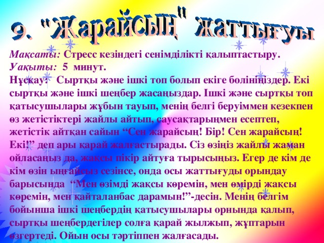 Мақсаты:  Стресс кезіндегі сенімділікті қалыптастыру. Уақыты: 5 минут. Нұсқау: Сыртқы және ішкі топ болып екіге болініңіздер. Екі сыртқы және ішкі шеңбер жасаңыздар. Ішкі және сыртқы топ қатысушылары жұбын тауып, менің белгі беруіммен кезекпен өз жетістіктері жайлы айтып, саусақтарыңмен есептеп, жетістік айтқан сайын “Сен жарайсың! Бір! Сен жарайсың! Екі!” деп ары қарай жалғастырады. Сіз өзіңіз жайлы жаман ойласаңыз да, жақсы пікір айтуға тырысыңыз. Егер де кім де кім өзін ыңғайсыз сезінсе, онда осы жаттығуды орындау барысында “Мен өзімді жақсы көремін, мен өмірді жақсы көремін, мен қайталанбас дарамын!”-десін. Менің белгім бойынша ішкі шеңбердің қатысушылары орнында қалып, сыртқы шеңбердегілер солға қарай жылжып, жұптарын өзгертеді. Ойын осы тәртіппен жалғасады.