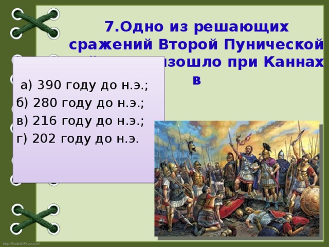 7.Одно из решающих сражений Второй Пунической войны произошло при Каннах в    а) 390 году до н.э.;  б) 280 году до н.э.; в) 216 году до н.э.;  г) 202 году до н.э.