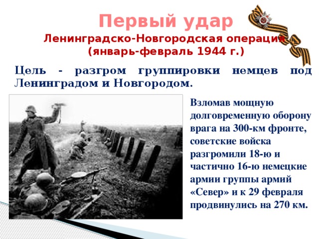 Первый удар Ленинградско-Новгородская операция (январь-февраль 1944 г.) Цель - разгром группировки немцев под Ленинградом и Новгородом. Взломав мощную долговременную оборону врага на 300-км фронте, советские войска разгромили 18-ю и частично 16-ю немецкие армии группы армий «Север» и к 29 февраля продвинулись на 270 км.