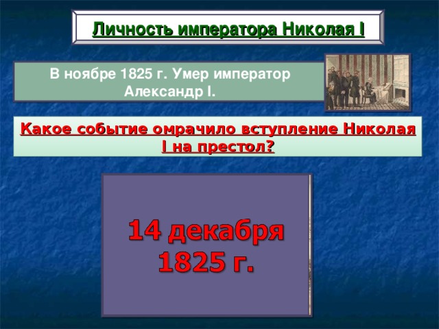 Личность императора Николая I В ноябре 1825 г. Умер император Александр I . Какое событие омрачило вступление Николая I на престол? Восстание на Сенатской площади