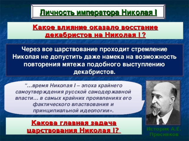 Личность императора Николая I Какое влияние оказало восстание декабристов на Николая I ? Через все царствование проходит стремление Николая не допустить даже намека на возможность повторения мятежа подобного выступлению декабристов. “… время Николая I – эпоха крайнего самоутверждения русской самодержавной власти… в самых крайних проявлениях его фактического властвования и принципиальной идеологии». Какова главная задача царствования Николая I ? Историк А.Е. Пресняков