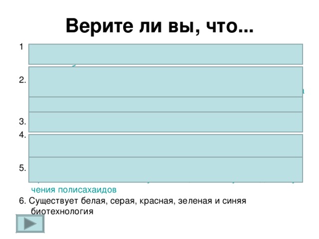 Верите ли вы, что... 1 . Человечество использует одноклеточные грибы для производства антибиотиков 2. В осажденном испанцами городе майя жители прожили полтора года без продовольствия, только на одних одноклеточных водорослях 3. Микроорганизмы используют для получения золота 4. Создан 