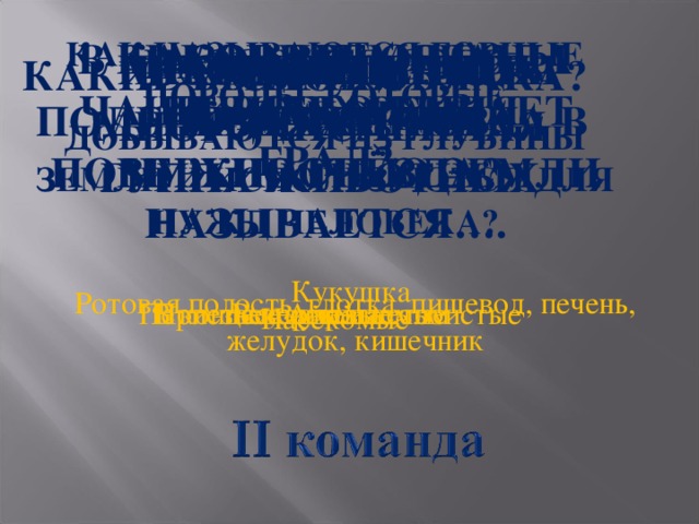 НАЗОВИТЕ ОРГАНЫ ПИЩЕВАРЕНИЯ. КАК НАЗЫВАЮТСЯ ГОРНЫЕ ПОРОДЫ, КОТОРЫЕ ДОБЫВАЮТСЯ ИЗ ГЛУБИНЫ ЗЕМЛИ И ИСПОЛЬЗУЮТСЯ ДЛЯ НУЖД ЧЕЛОВЕКА? В КАКОЕ ВРЕМЯ ГОДА ЧАЩЕ ВСЕГО БЫВАЕТ ГРАД? НАЗОВИТЕ ОЗЁРА КАЗАХСТАНА ПЕРЕМЕЩЕНИЕ ВОЗДУХА НАД ПОВЕРХНОСТЬЮ ЗЕМЛИ НАЗЫВАЕТСЯ…. КАКАЯ ПТИЦА ПОДБРАСЫВАЕТ ЯЙЦА В ЧУЖИЕ ГНЁЗДА? МЕСЯЦ ВЕСЕННИХ ПЕРВОЦВЕТОВ. НАЗОВИТЕ ГРУППЫ РАСТЕНИЙ. САМАЯ МНОГОЧИСЛЕННАЯ ГУППА ЖИВОТНЫХ КАКИЕ БЫВЮТ ОБЛАКА? Кукушка Ротовая полость, глотка, пищевод, печень, желудок, кишечник В конце весны и летом Полезные ископаемые Перистые, кучевые,слоистые Апрель Ветер Насекомые