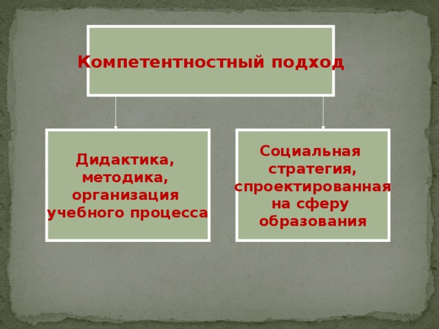 Компетентностный подход Дидактика, методика, организация учебного процесса Социальная стратегия,  спроектированная на сферу образования