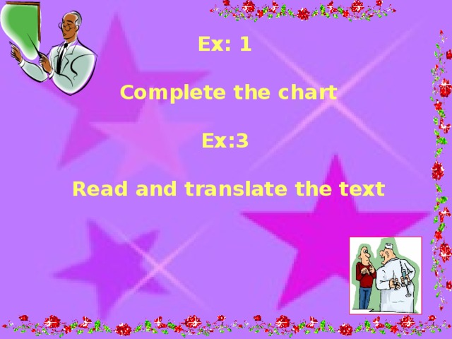Ex: 1  Complete the chart  Ex:3  Read and translate the text