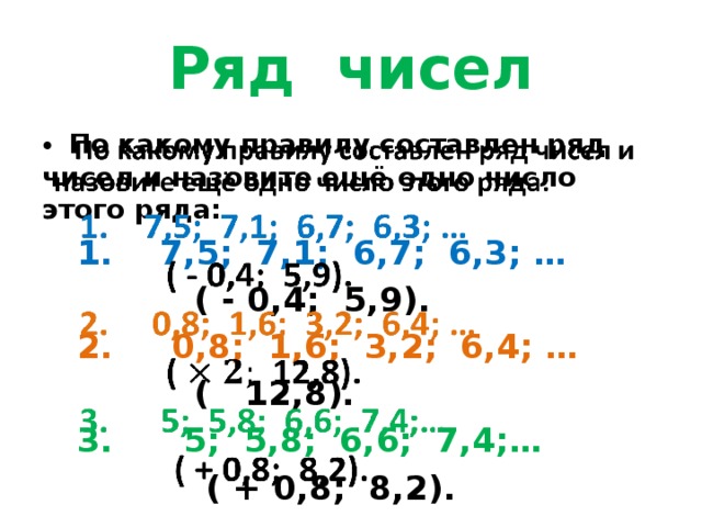 Ряд чисел  По какому правилу составлен ряд чисел и назовите ещё одно число этого ряда:    1. 7,5; 7,1; 6,7; 6,3; …  ( - 0,4; 5,9).  2. 0,8; 1,6; 3,2; 6,4; …  ( 12,8).  3. 5; 5,8; 6,6; 7,4;…  ( + 0,8; 8,2).