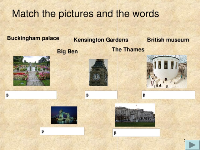 Match the pictures and the words Buckingham palace Kensington Gardens British museum The Thames Big Ben