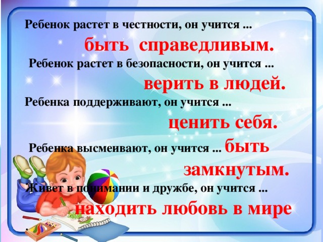 Ребенок растет в честности, он учится ...  быть  справедливым.  Ребенок растет в безопасности, он учится ...  верить в людей. Ребенка поддерживают, он учится ...  ценить себя.  Ребенка высмеивают, он учится ... быть  замкнутым. Живет в понимании и дружбе, он учится ...  находить любовь в мире .