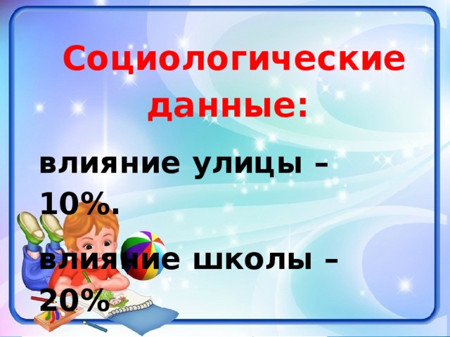 Социологические данные: влияние улицы – 10%. влияние школы – 20%  СМИ – 30%  семья – 40%.