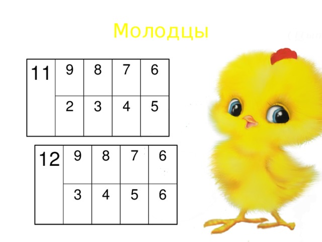 Молодцы 11 9 8 2 7 3 6 4 5 12 9 8 3 7 4 6 5 6