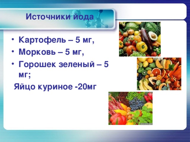 Источники йода   Картофель – 5 мг, Морковь – 5 мг, Горошек зеленый – 5 мг;  Яйцо куриное -20мг
