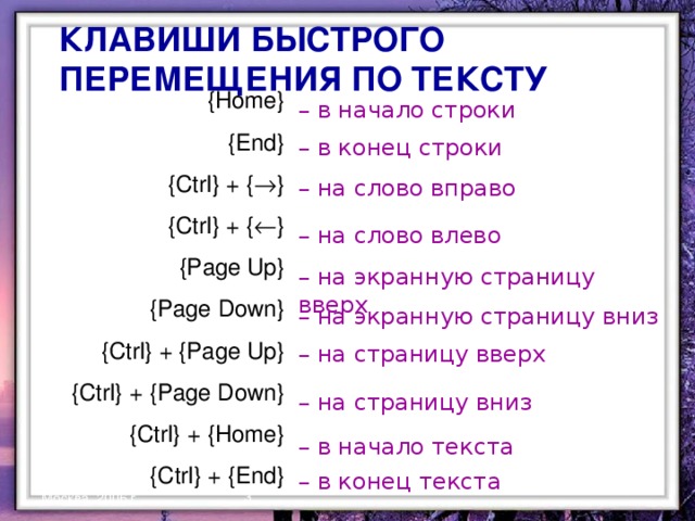 КЛАВИШИ БЫСТРОГО ПЕРЕМЕЩЕНИЯ ПО ТЕКСТУ {Home} {End} {Ctrl} + {  } {Ctrl} + {  } {Page Up} {Page Down} {Ctrl} + {Page Up} {Ctrl} + {Page Down} {Ctrl} + {Home} {Ctrl} + {End} – в начало строки – в конец строки – на слово вправо – на слово влево – на экранную страницу вверх – на экранную страницу вниз – на страницу вверх – на страницу вниз – в начало текста – в конец текста  Москва, 2006 г.