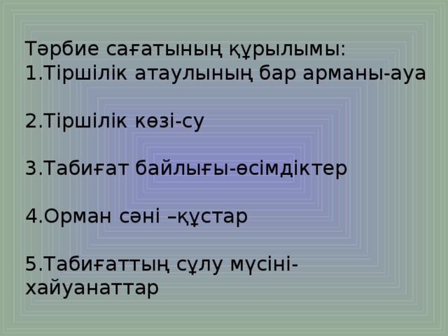 Тәрбие сағатының құрылымы: Тіршілік атаулының бар арманы-ауа 2.Тіршілік көзі-су 3.Табиғат байлығы-өсімдіктер 4.Орман сәні –құстар 5.Табиғаттың сұлу мүсіні- хайуанаттар